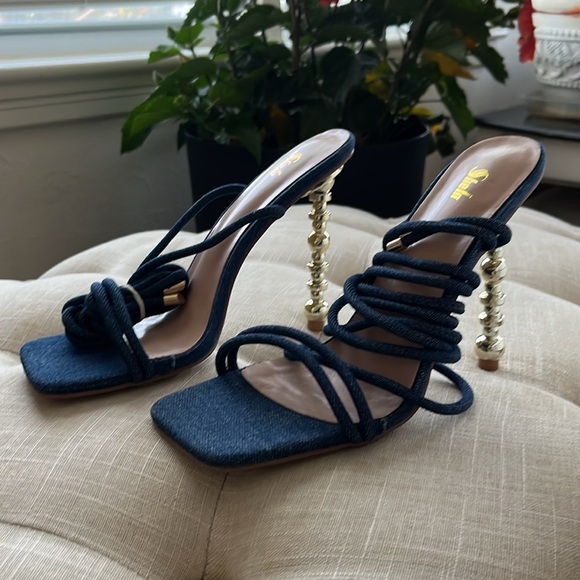 Jean wrap-up heels with gold stiletto - Picture 5 of 7